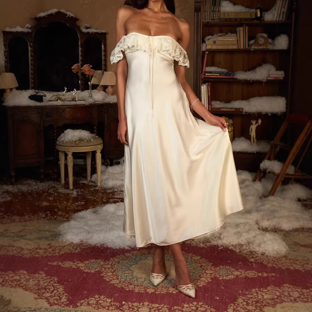 Damen Elegantes bodenlanges Kleid mit Spitzenbesatz EB