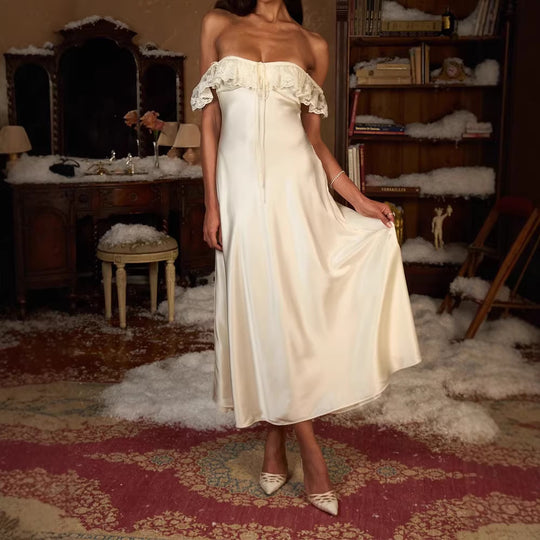 Damen Elegantes bodenlanges Kleid mit Spitzenbesatz EB