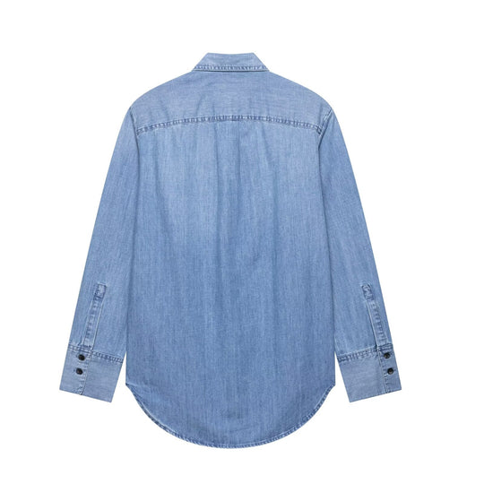 Damen nan Chambray-Bluse mit Rüschenknopfleiste, Hemdkragen und verlängertem Saum EB