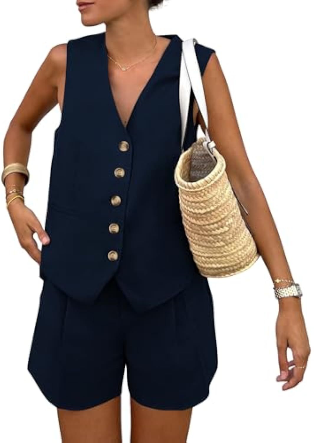 Damen elegantes Jumpsuit-Set mit tailliertem Schnitt und dekorativen Knopfdetails EB