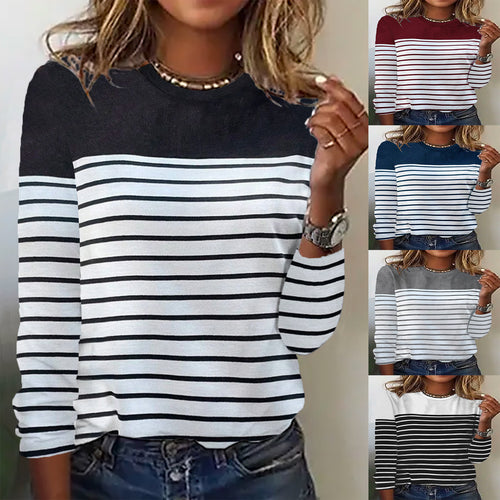 Damen Lässiges Rundhals Longsleeve mit Streifenmuster EB