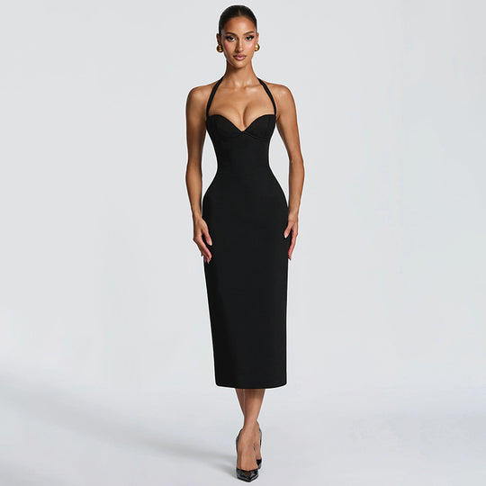 Damen Figurbetontes Midi-Kleid mit Herzausschnitt und verstellbaren Trägern EB