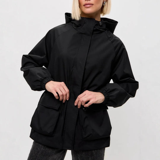 Damen wasserdichte Parka-Jacke mit Kapuze, Tunnelzugtaillierung und XXL-Klappentaschen Eichborn Berlin