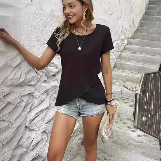 Damen lässiges asymmetrisches T-Shirt mit Rundhalsausschnitt und Raffung EB