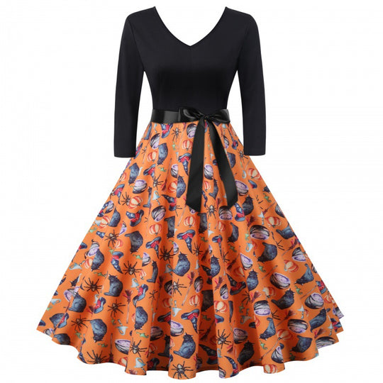 Damen Vintage-inspiriertes Swingkleid mit V-Ausschnitt, Dreiviertelärmeln und voluminösem Tellerrock EB