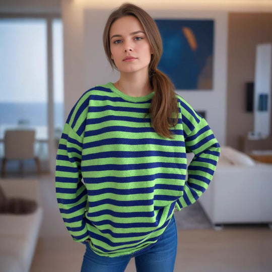 Damen lässiger Oversize-Pullover mit breiten Streifen EB