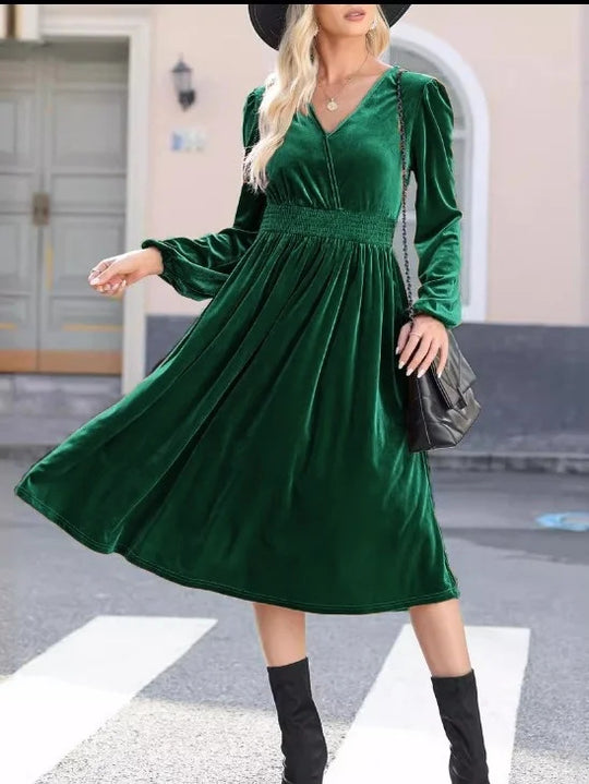 Damen Midikleid aus Samt mit V-Ausschnitt, geraffter Smock-Taille und langen Ballonärmeln EB