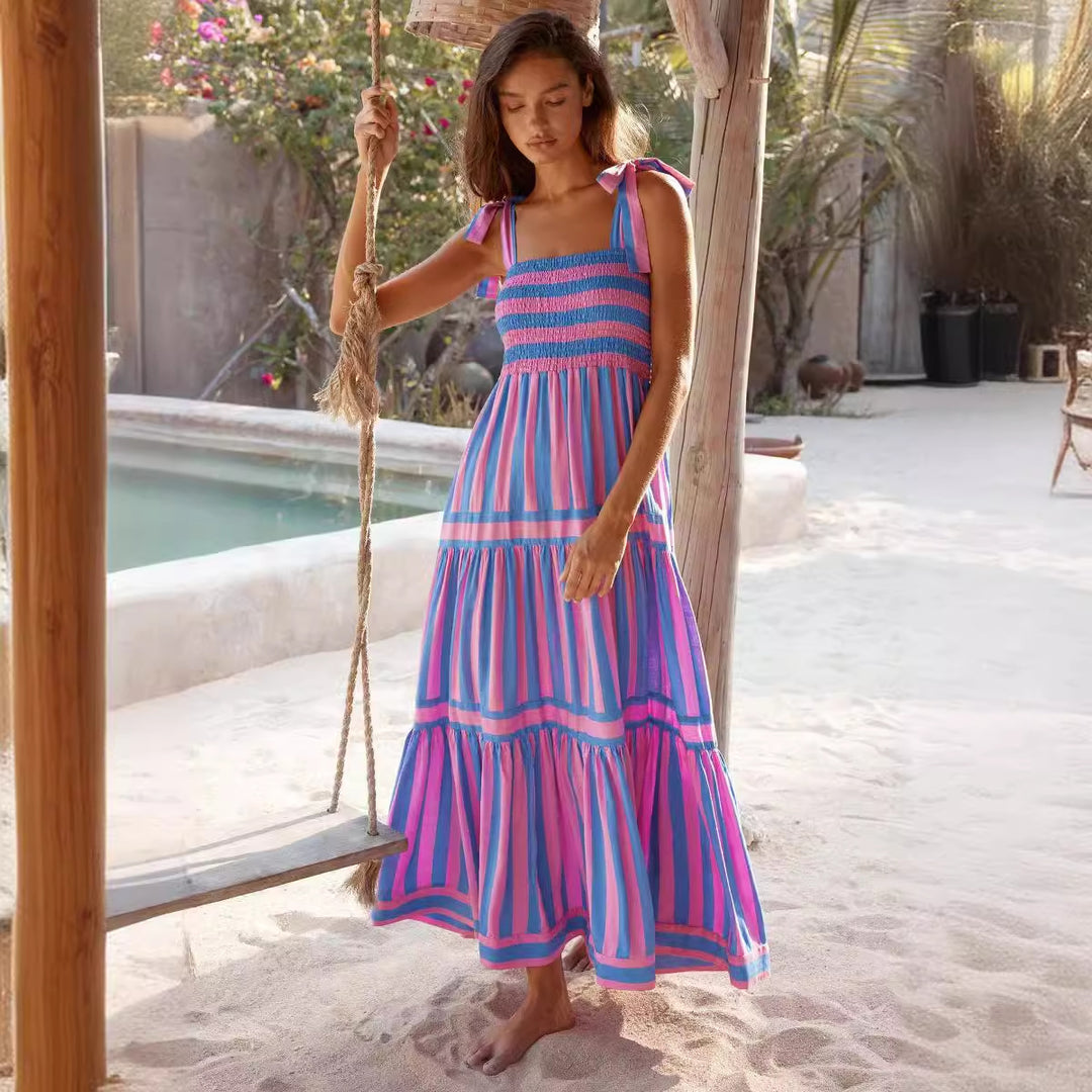 Damen Maxi Kleid mit schulterfreien Trägern und verspieltem Volantdesign EB