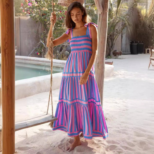 Damen Maxi Kleid mit schulterfreien Trägern und verspieltem Volantdesign EB