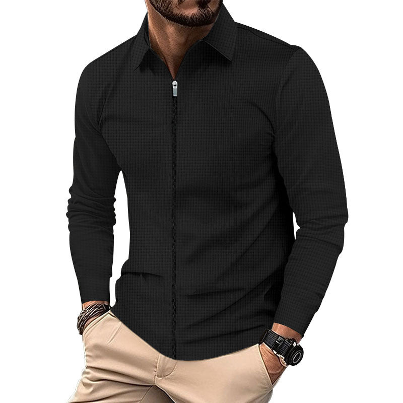Herren nan feinstrukturiertes Langarm-Zipshirt mit Kentkragen und Waffelstruktur EB