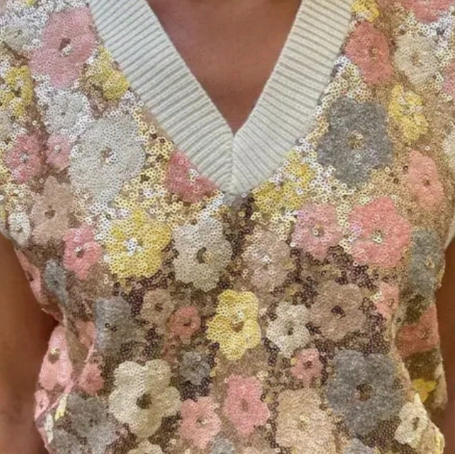 Damen Glamouröses Strickoberteil mit Blumenapplikationen und funkelnden Pailletten EB