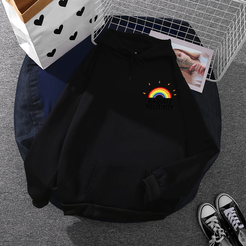 Damen nan lockerer Kapuzenpullover mit Regenbogen-Motiv, weichem Fleecefutter und Kängurutasche EB
