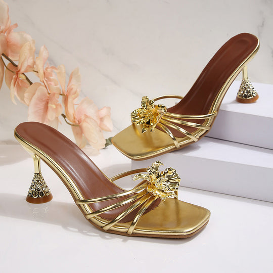 Damen elegante Slingback-Pantoletten mit floralem Design und funkelndem Absatz EB