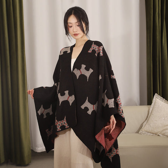 Damen Reversibler Wollmix-Umhang mit Terrier-Jacquardmuster EB