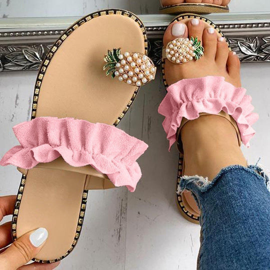 Damen Riemchen-Sandalen mit dekorativem Rüschendetail und Perlenschmuck EB
