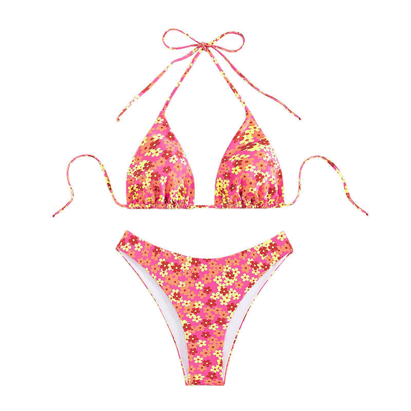 Damen Triangel-Bikini mit modischem Blumendesign und hohem Beinausschnitt EB