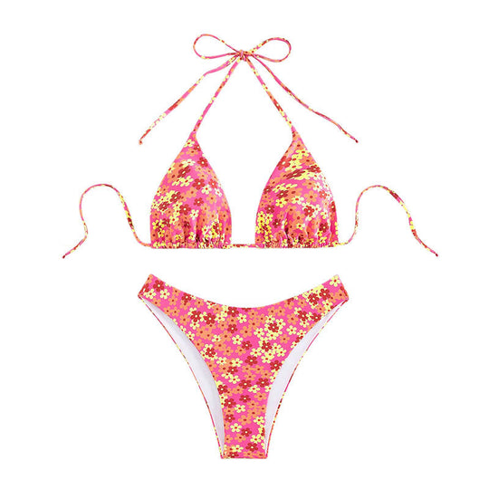Damen Triangel-Bikini mit modischem Blumendesign und hohem Beinausschnitt EB