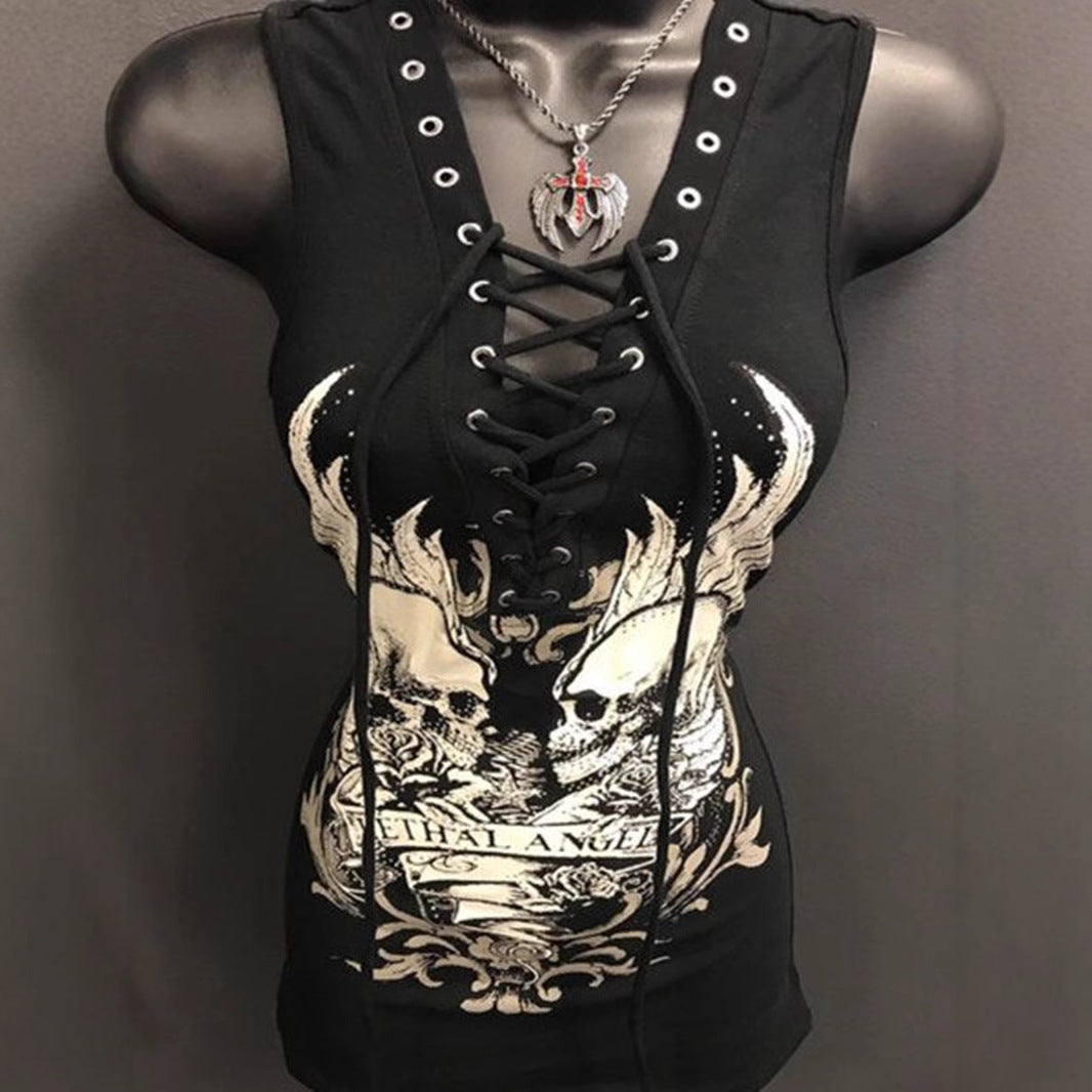 Damen Rockabilly Kleid mit Schnüroptik und grafischem Print EB