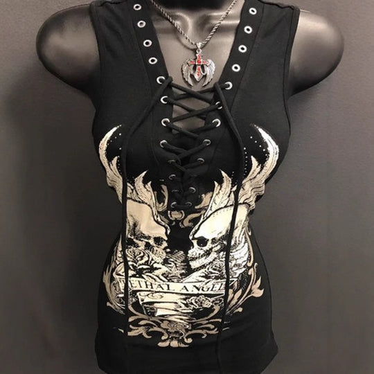 Damen Rockabilly Kleid mit Schnüroptik und grafischem Print EB