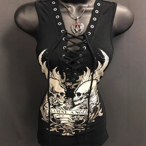 Damen Rockabilly Kleid mit Schnüroptik und grafischem Print EB
