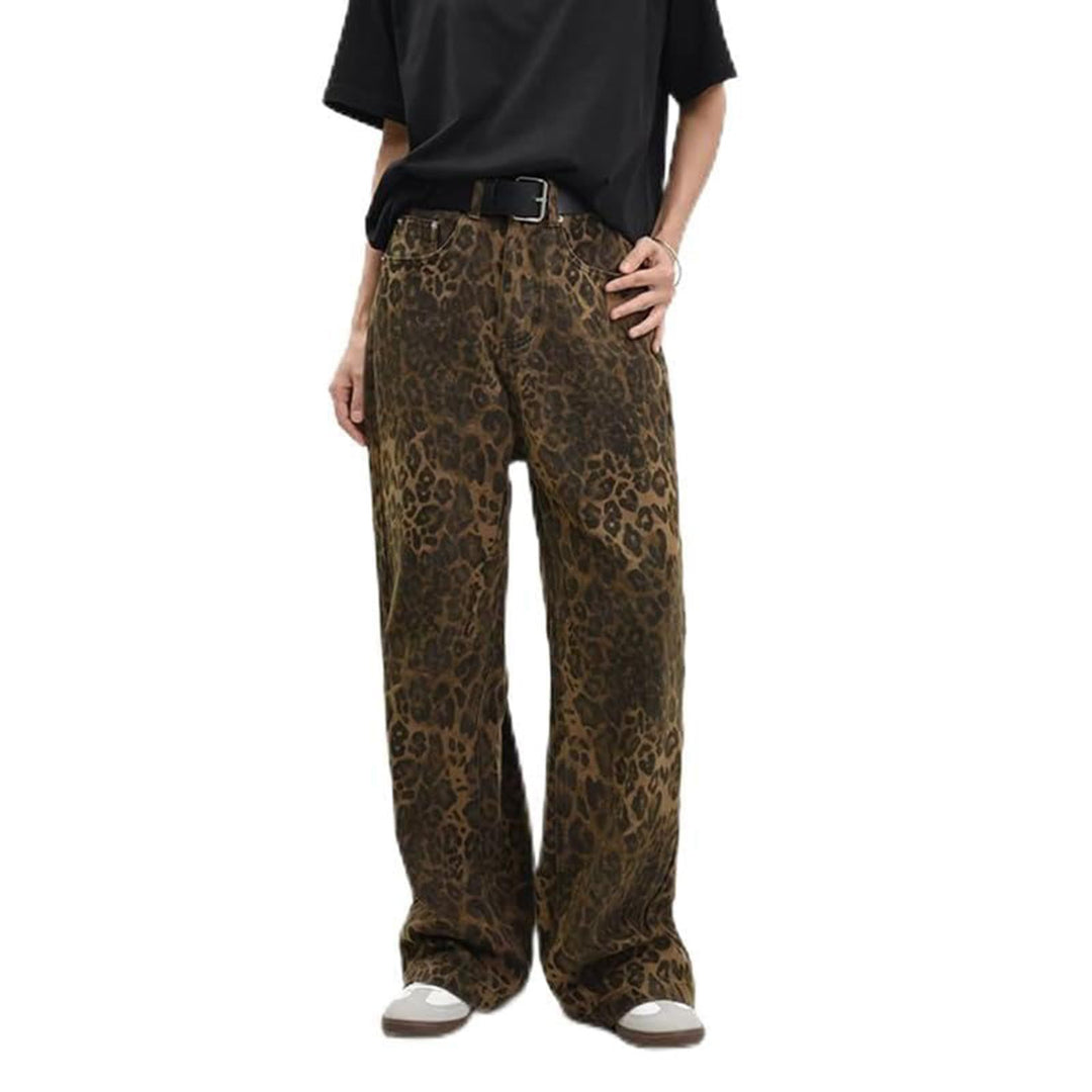 Damen nan weite High‑Waist Palazzohose im Leomuster mit Five‑Pocket‑Schnitt und entspanntem Bein EB