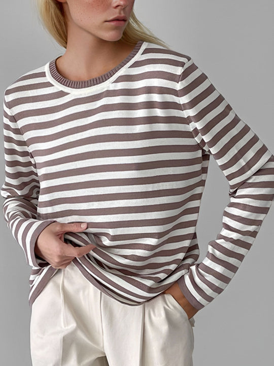 Damen gestreifter Langarmpullover mit Rundhalsausschnitt und lässigem Schnitt EB