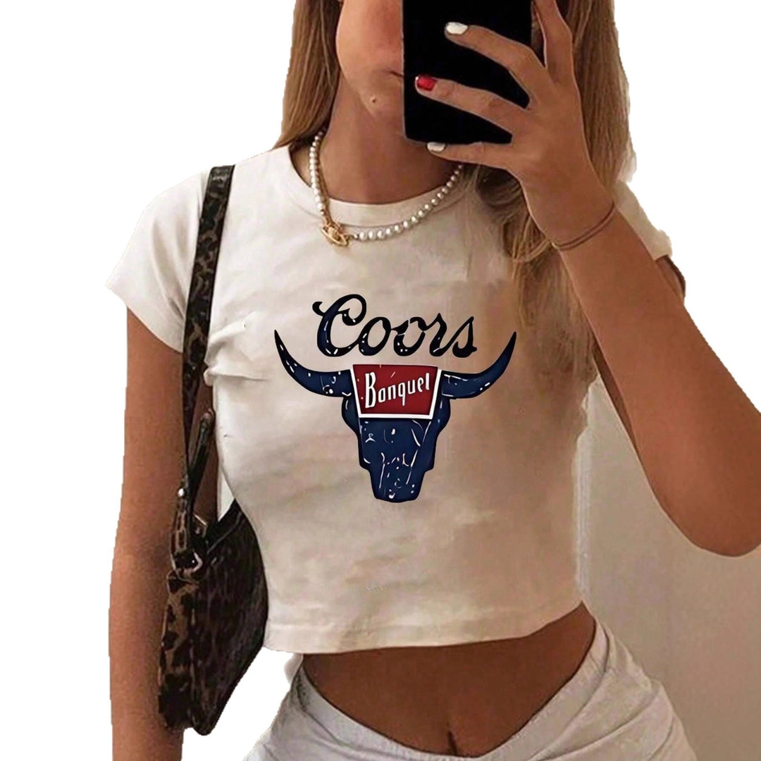 Damen Crop-Top mit kreativem Cow-Motiv und figurbetontem Schnitt EB