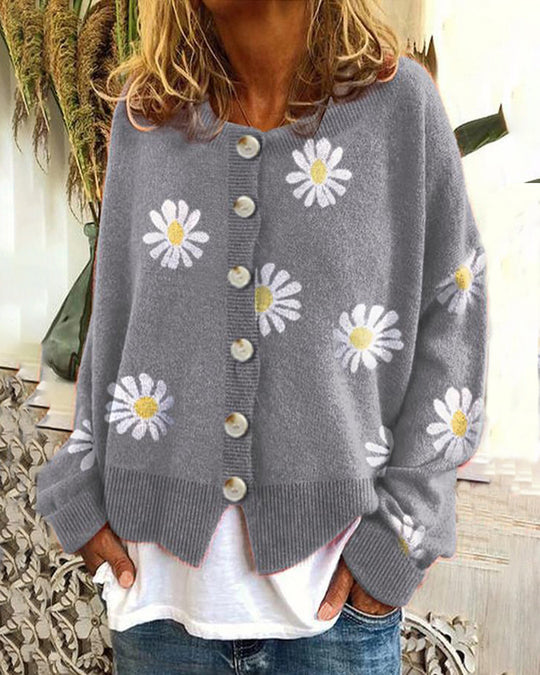 Damen gestreifte Strickjacke mit Blumenmuster EB