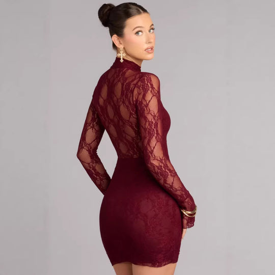 Damen Spitzen Minikleid mit hohem Kragen und schmalen Ärmeln EB