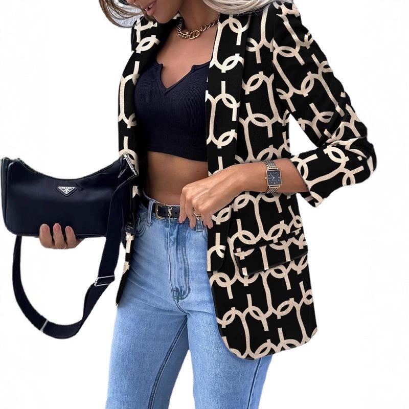 Damen Kariierter Longblazer mit legerer Passform, aufgesetzten Taschen und Dreiviertelärmeln EB