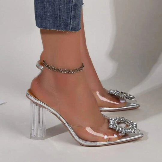 Damen elegante transparente Mules mit glitzerndem Schmuck-Riemen EB