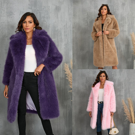 Damen Eleganter Kunstpelzmantel mit breitem Revers und lockerem Schnitt EB