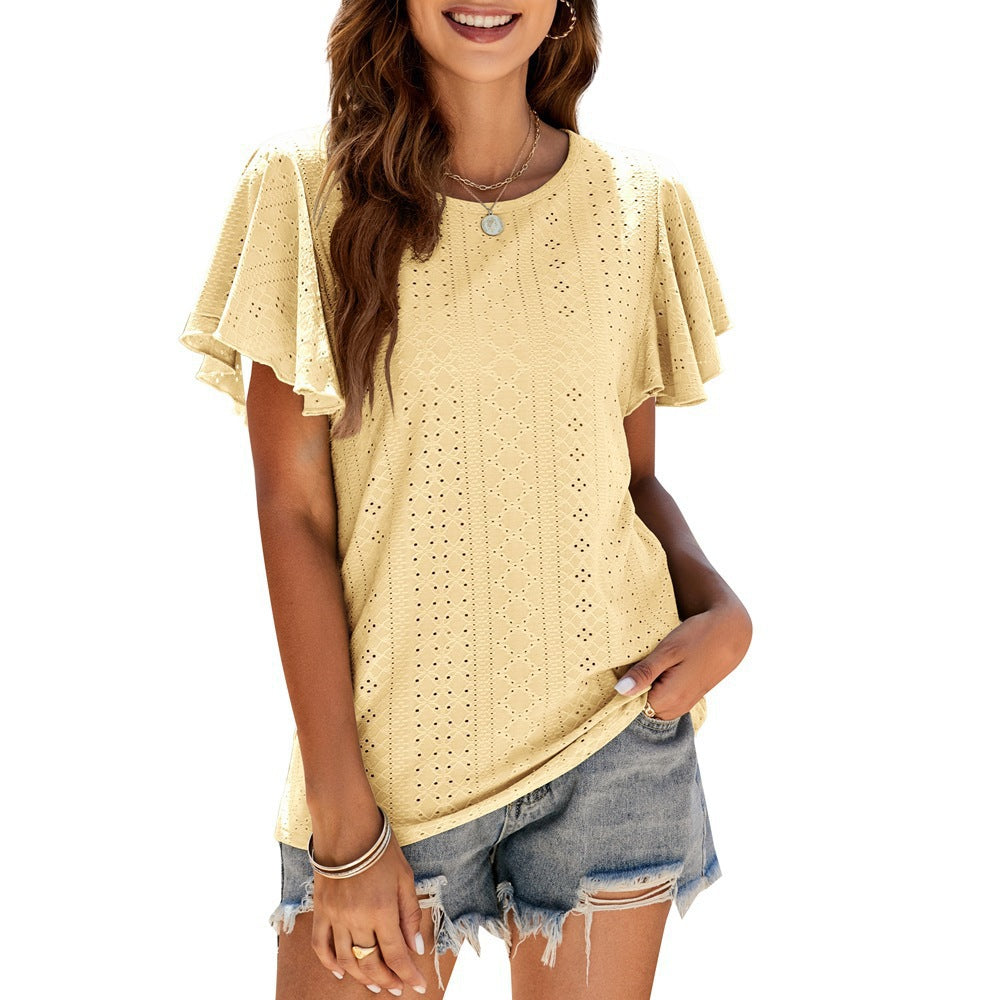 Damen T-Shirt mit eleganten Volantärmeln und durchbrochenem Design EB