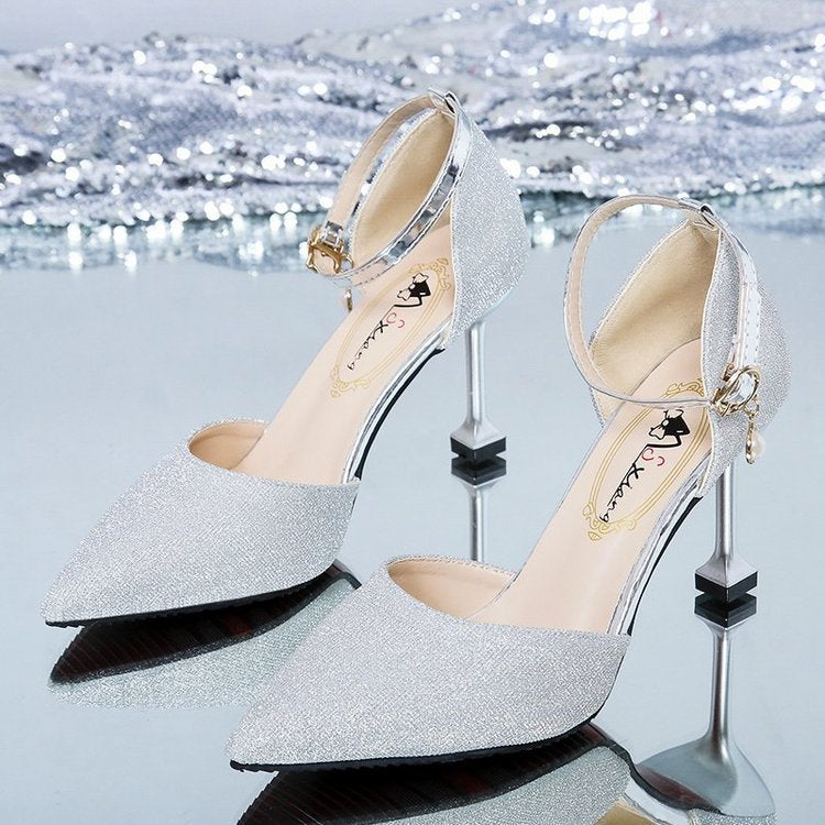 Damen elegante Spitz High Heels mit verstellbarem Knöchelriemen EB