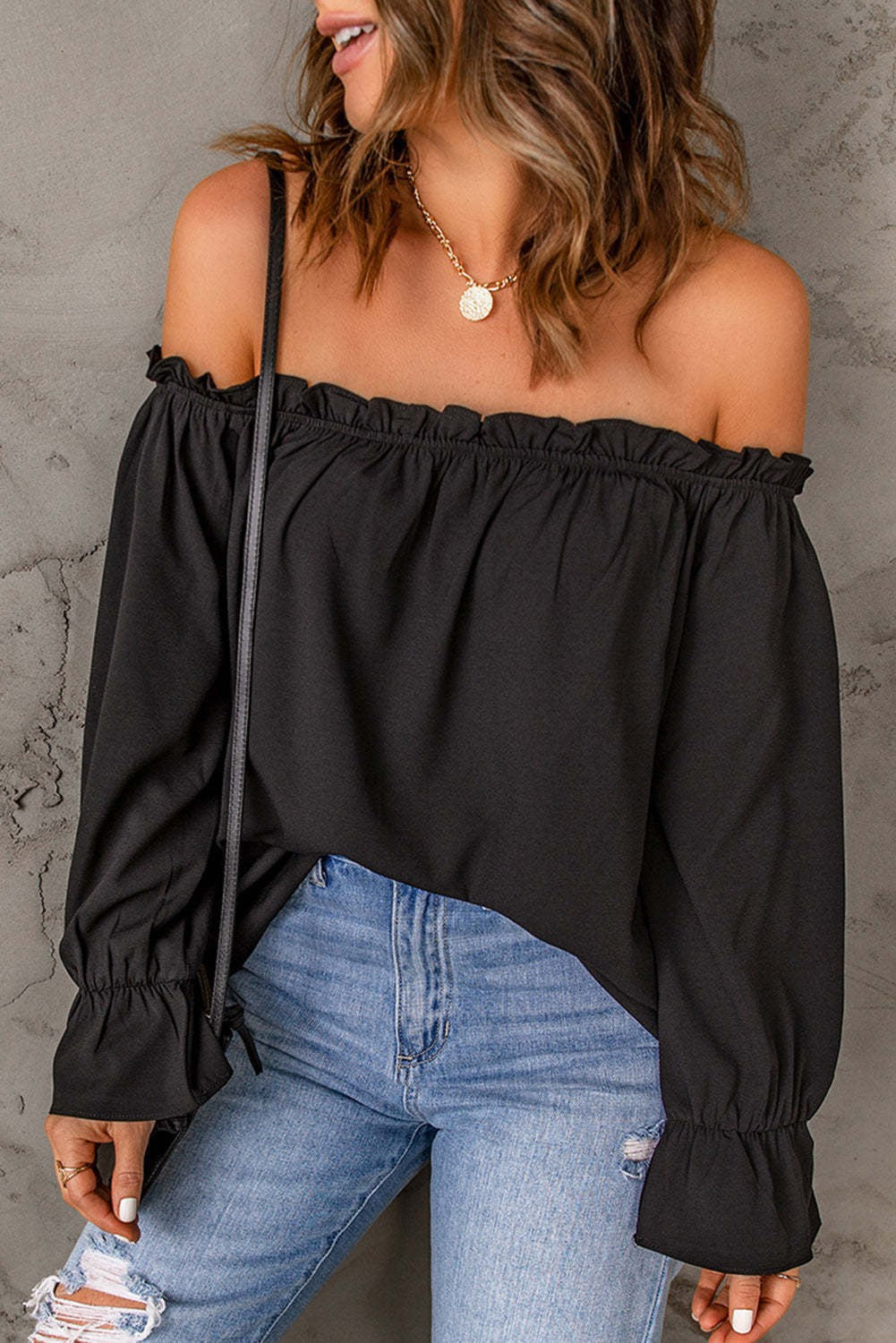 Damen Off-Shoulder Bluse mit Raffungen und weiten Ärmeln EB