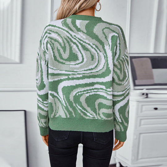 Damen gemusterter Strickpullover mit modernem Wellenmuster und Rundhalsausschnitt EB