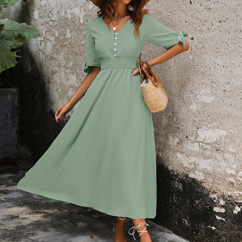 Damen Maxikleid mit schickem V-Ausschnitt und elastischem Taillenband EB
