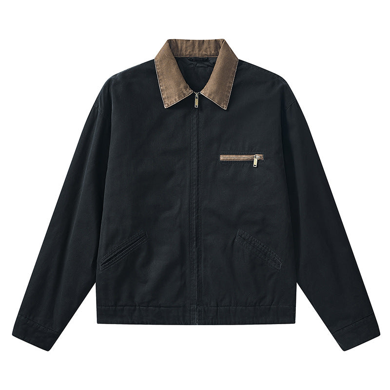 Men's  vintage-inspired zip-front workwear jacket with contrast collar and angled welt pockets EB