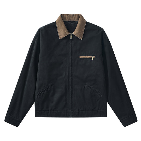 Men's  vintage-inspired zip-front workwear jacket with contrast collar and angled welt pockets EB