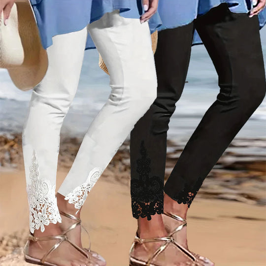 Damen Leggings mit spitzenbesetztem Saum und elastischem Bund EB