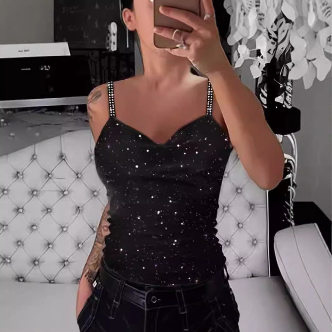 Damen Elegante Spaghetti-Träger Top mit Glitzer-Details EB