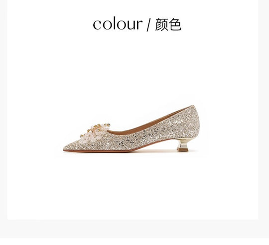 Damen Elegante Ballerinas mit funkelndem Schmuckdetail und stabilem Blockabsatz EB