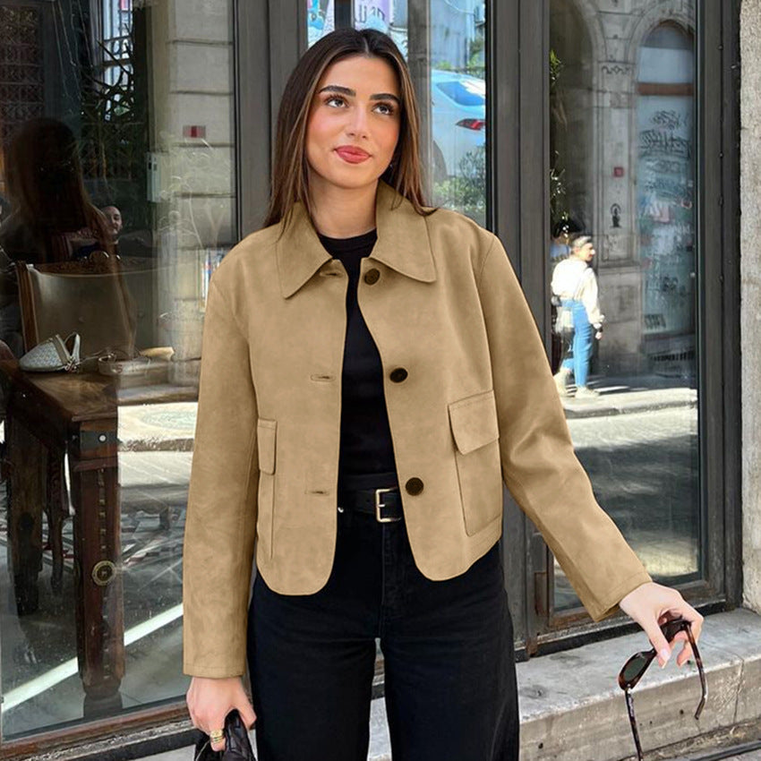 Damen Modische Wildlederjacke im lässigen Schnitt mit praktischen Taschen EB