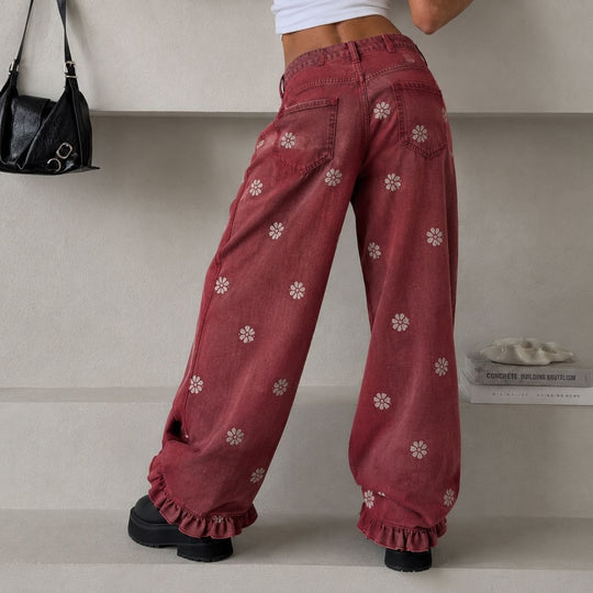 Damen weite Denimhose mit Gänseblümchen-Print, hohem Bund und Rüschenabschluss Eichborn Berlin