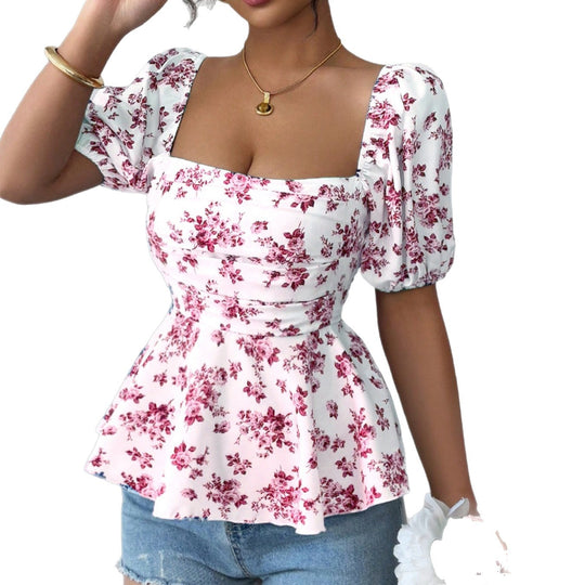 Damen Blusentop mit blumendem Muster und Wickel-Effekt EB