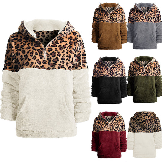 Damen kuscheliger Kapuzenpullover mit aufregendem Leopardenmuster und Kängurutasche EB