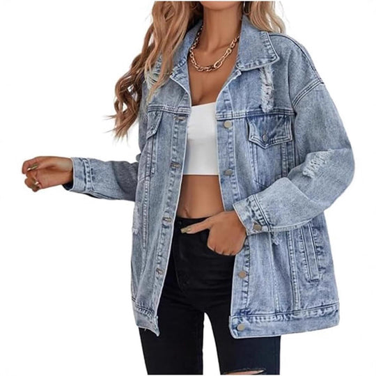 Damen lässige Oversized Jeansjacke mit distressed Details und hochwertigen Metallknöpfen EB