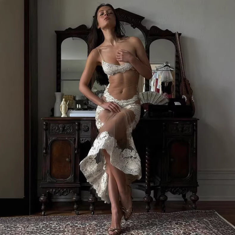 Damen Elegantes transparentes Spitzen-Nachtkleid mit verführerischen Akzenten EB