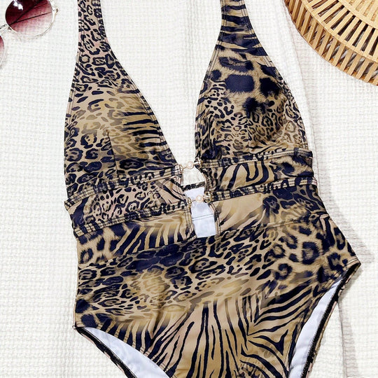 Damen Premium Einteiler-Badeanzug mit tiefem V-Ausschnitt und eleganten Schmuckdetails EB