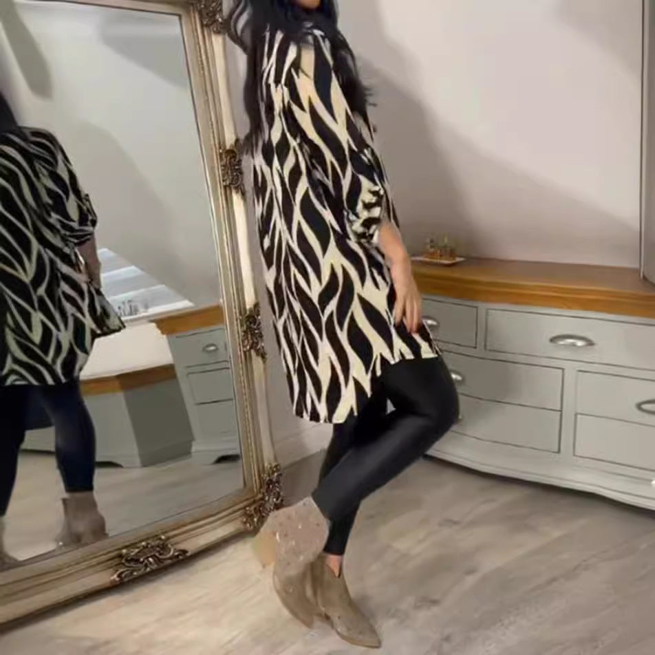 Damen lange Bluse im modernen Wellenmuster mit eleganten Details Heidi-Mode